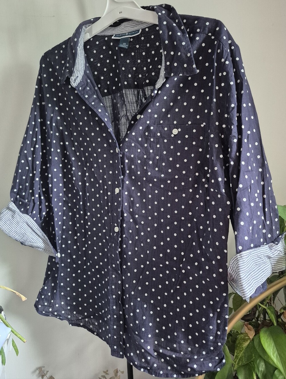 Karen Scott Navy and White Polka Dot Top